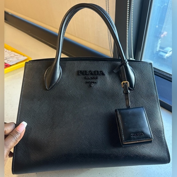 Prada Handbags - Prada Black Saffiano Leather Medium Monochrome Tote Bag